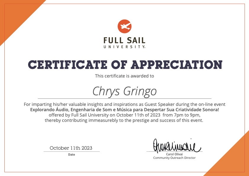 Full Sail Certificate of Appreciation
